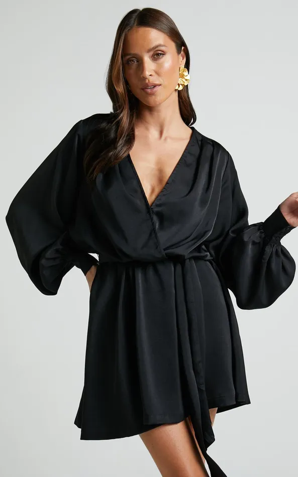 Showpo Laura Mini Dress 8211 Long Sleeve V Neck Wrap Dress In Black Women Dresses