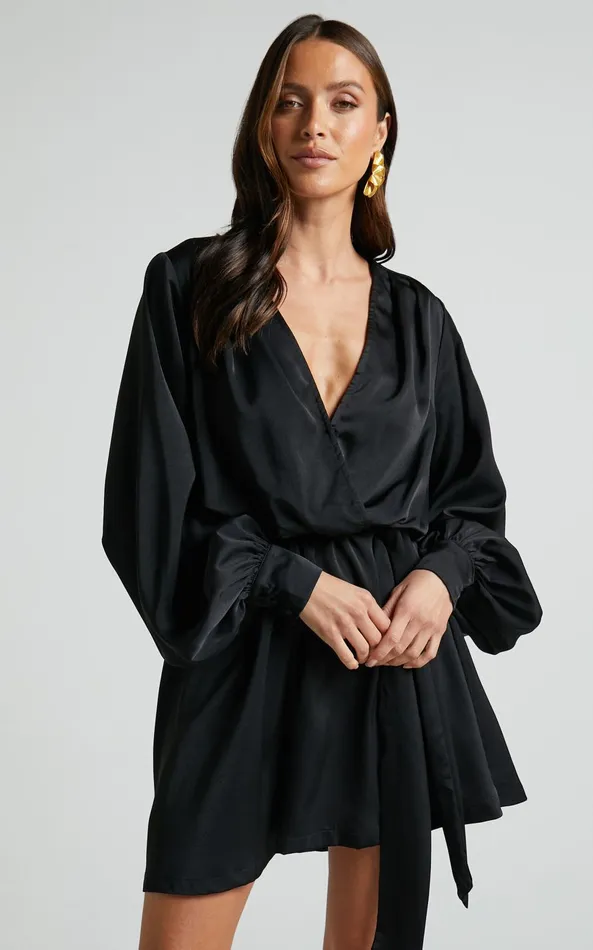 Showpo Laura Mini Dress 8211 Long Sleeve V Neck Wrap Dress In Black Women Dresses