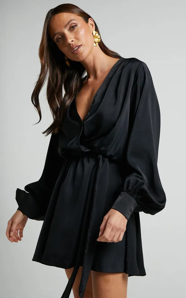 Showpo Laura Mini Dress 8211 Long Sleeve V Neck Wrap Dress In Black Women Dresses