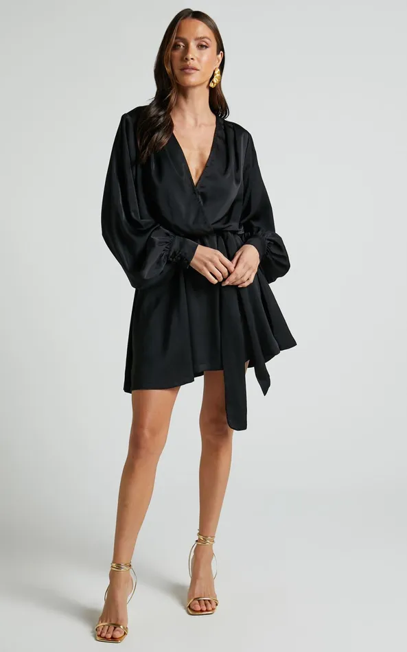 Showpo Laura Mini Dress 8211 Long Sleeve V Neck Wrap Dress In Black Women Dresses