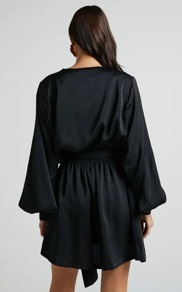 Showpo Laura Mini Dress 8211 Long Sleeve V Neck Wrap Dress In Black Women Dresses
