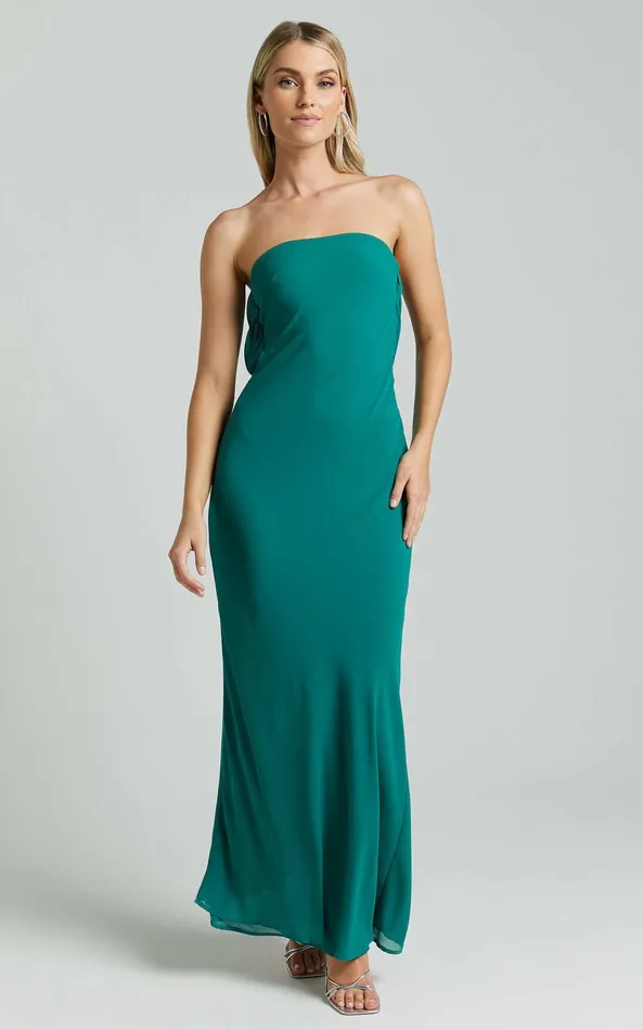 Showpo Laurelle Maxi Dress 8211 Strapless Straight Neck Tie Back Cowl Slip In Jade Green Women Dresses