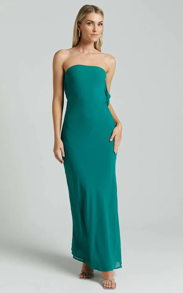 Showpo Laurelle Maxi Dress 8211 Strapless Straight Neck Tie Back Cowl Slip In Jade Green Women Dresses