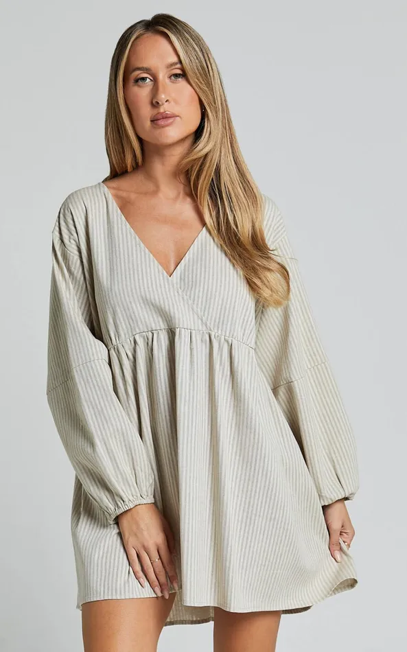 Showpo Laurenna Mini Dress 8211 Linen Look V Neck Long Sleeve Back Keyhole Smock Dress In Natural Stripe Women Dresses Showpo Laurenna Mini Dress 8211 Linen Look V Neck Long Sleeve Back Keyhole Smock Dress In Natural Stripe Women Dresses
