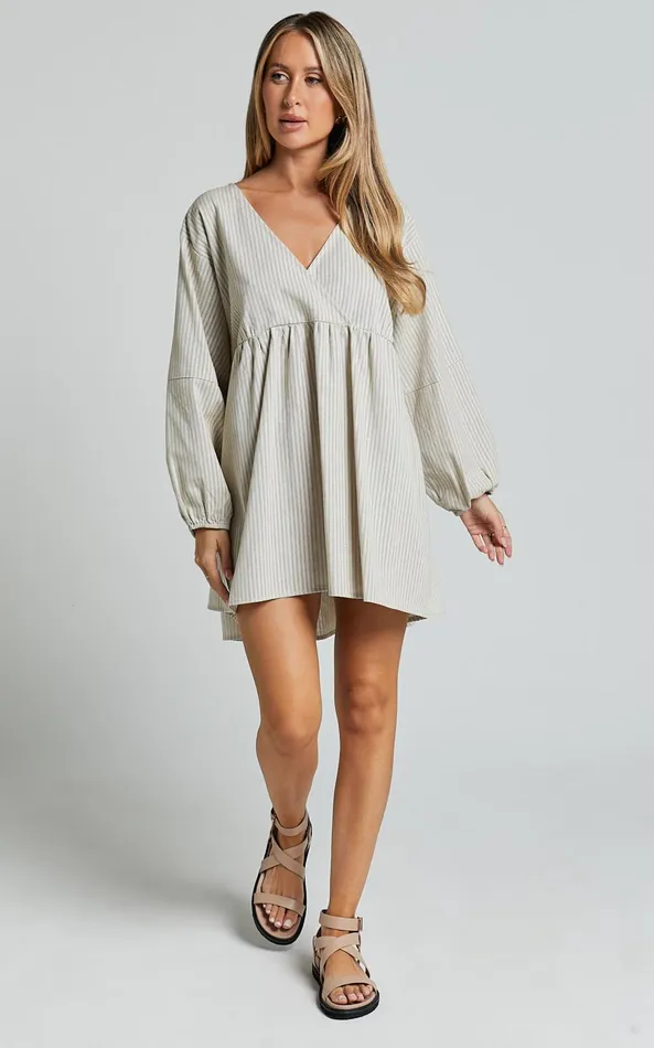 Showpo Laurenna Mini Dress 8211 Linen Look V Neck Long Sleeve Back Keyhole Smock Dress In Natural Stripe Women Dresses