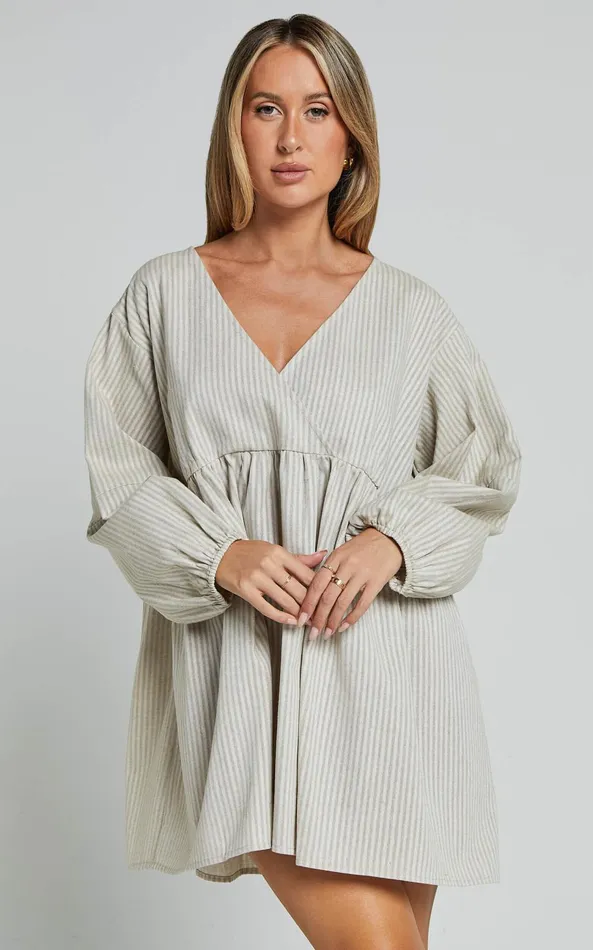 Showpo Laurenna Mini Dress 8211 Linen Look V Neck Long Sleeve Back Keyhole Smock Dress In Natural Stripe Women Dresses
