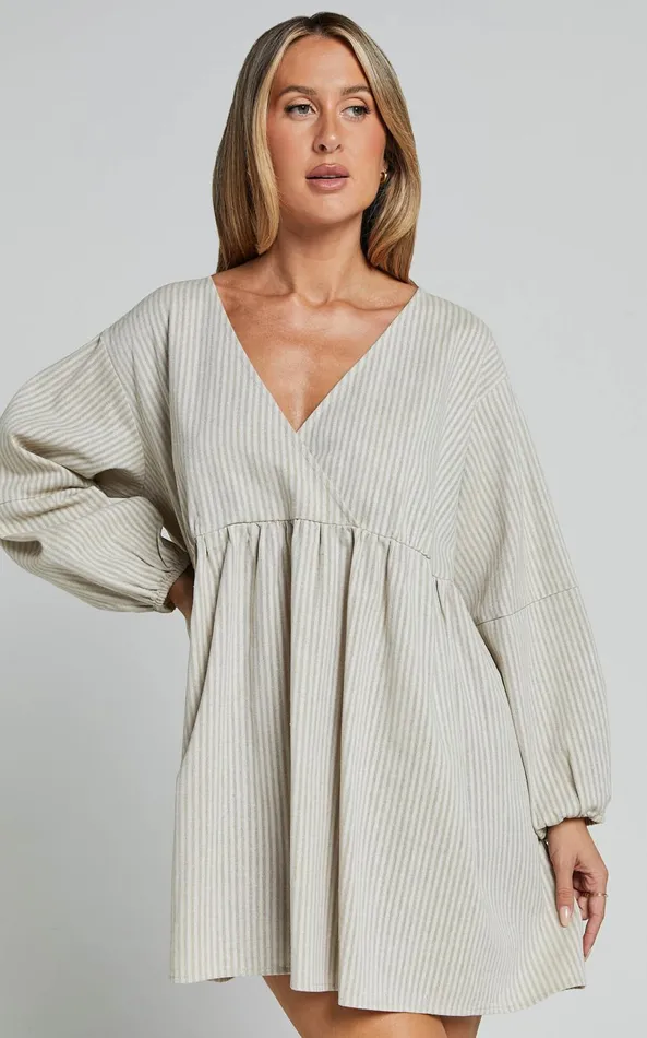 Showpo Laurenna Mini Dress 8211 Linen Look V Neck Long Sleeve Back Keyhole Smock Dress In Natural Stripe Women Dresses
