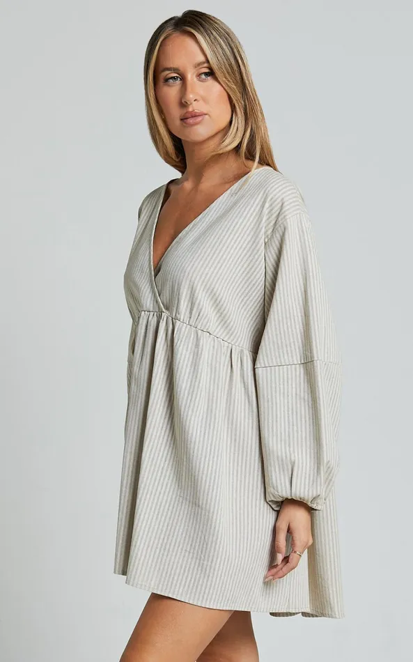 Showpo Laurenna Mini Dress 8211 Linen Look V Neck Long Sleeve Back Keyhole Smock Dress In Natural Stripe Women Dresses