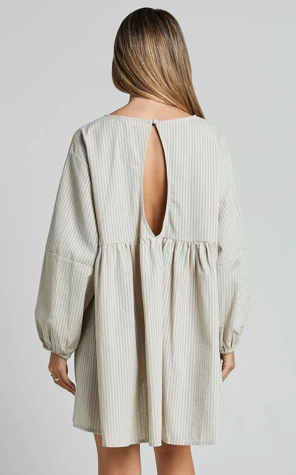 Showpo Laurenna Mini Dress 8211 Linen Look V Neck Long Sleeve Back Keyhole Smock Dress In Natural Stripe Women Dresses