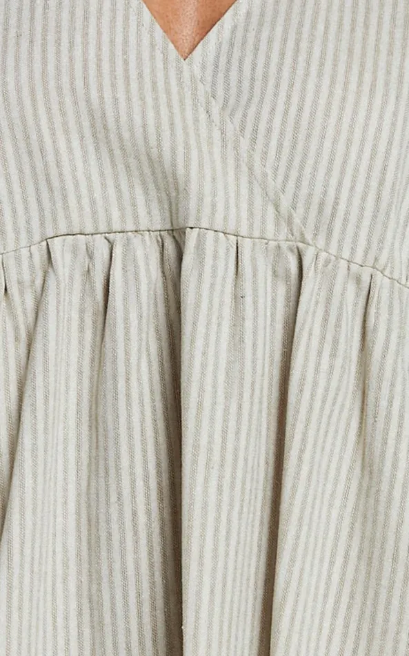 Showpo Laurenna Mini Dress 8211 Linen Look V Neck Long Sleeve Back Keyhole Smock Dress In Natural Stripe Women Dresses