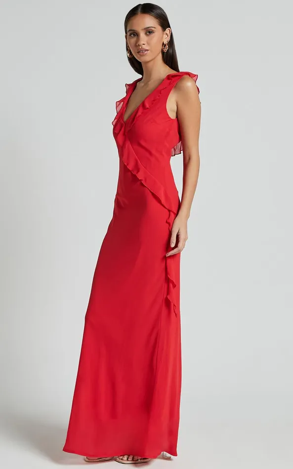 Showpo Laurie Midi Dress 8211 Plunge Frill Detail Slip Dress In Red Women Dresses