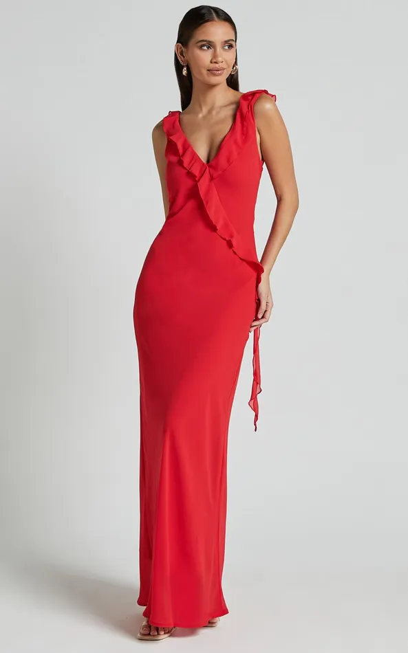 Showpo Laurie Midi Dress 8211 Plunge Frill Detail Slip Dress In Red Women Dresses