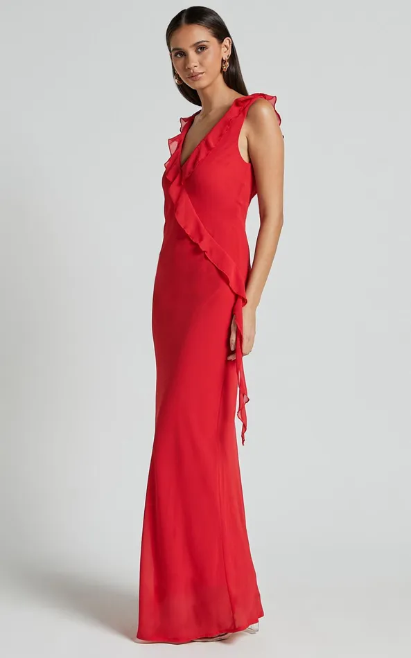 Showpo Laurie Midi Dress 8211 Plunge Frill Detail Slip Dress In Red Women Dresses