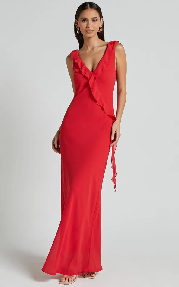 Showpo Laurie Midi Dress 8211 Plunge Frill Detail Slip Dress In Red Women Dresses