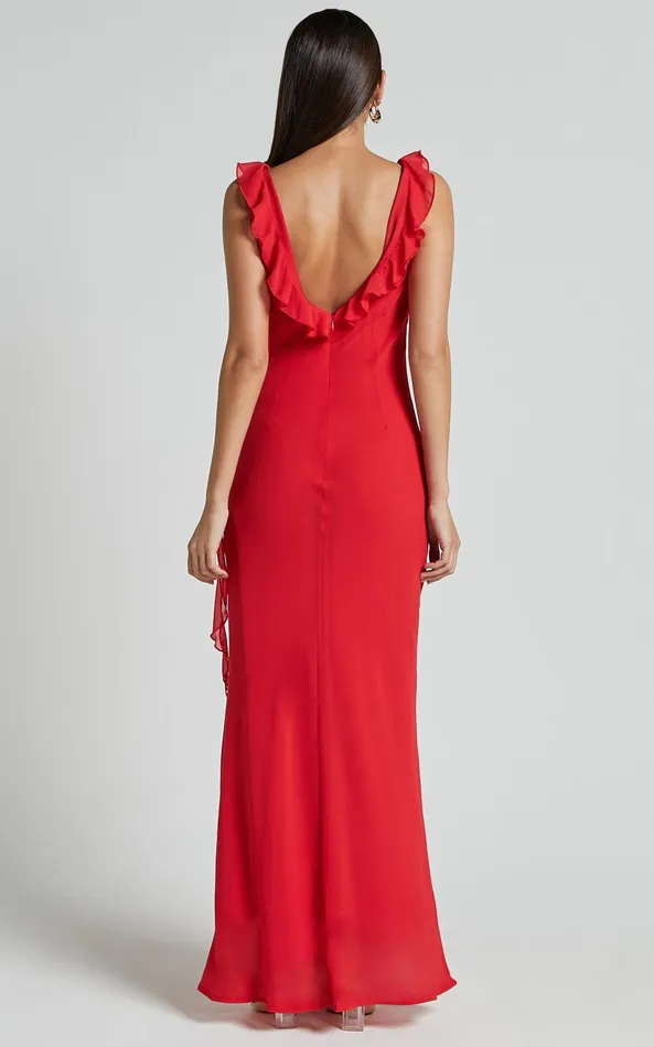 Showpo Laurie Midi Dress 8211 Plunge Frill Detail Slip Dress In Red Women Dresses