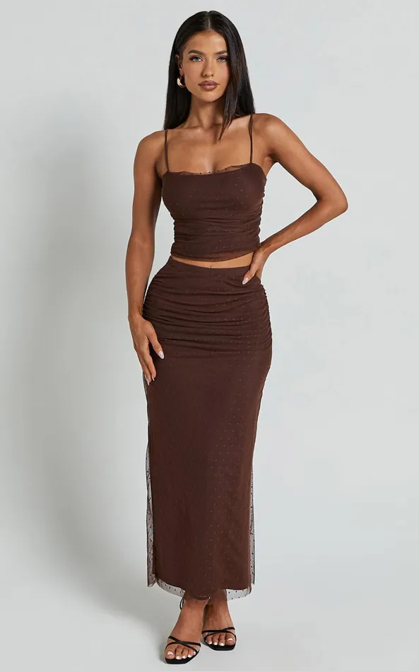 Showpo Layla Two Piece Set 8211 Ruched Crop Top And Midi Skirt Mesh Set In Chocolate Brown Women Two Piece Sets and Coords Showpo Layla Two Piece Set 8211 Ruched Crop Top And Midi Skirt Mesh Set In Chocolate Brown Women Two Piece Sets and Coords