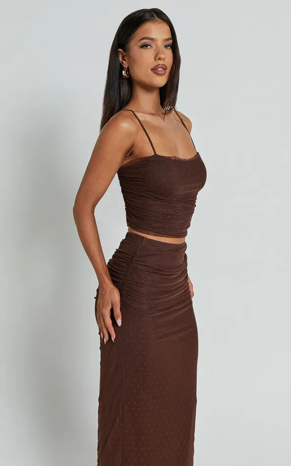 Showpo Layla Two Piece Set 8211 Ruched Crop Top And Midi Skirt Mesh Set In Chocolate Brown Women Two Piece Sets and Coords