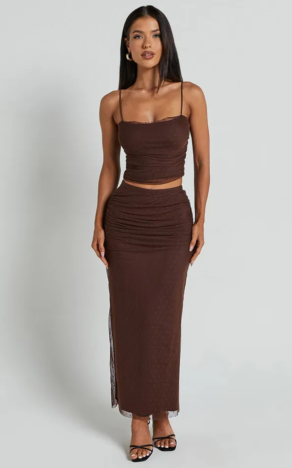 Showpo Layla Two Piece Set 8211 Ruched Crop Top And Midi Skirt Mesh Set In Chocolate Brown Women Two Piece Sets and Coords