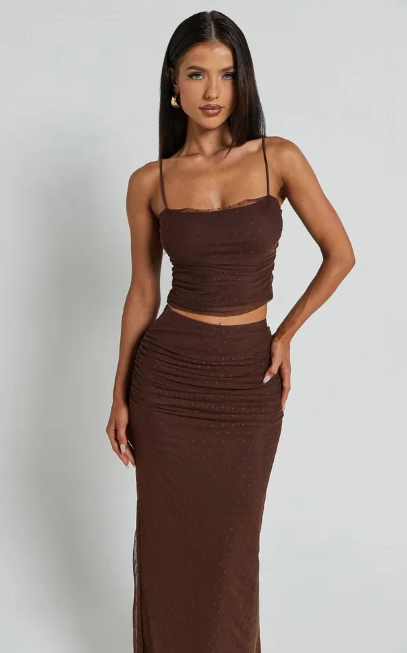 Showpo Layla Two Piece Set 8211 Ruched Crop Top And Midi Skirt Mesh Set In Chocolate Brown Women Two Piece Sets and Coords