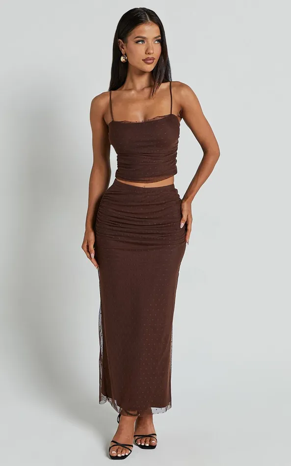 Showpo Layla Two Piece Set 8211 Ruched Crop Top And Midi Skirt Mesh Set In Chocolate Brown Women Two Piece Sets and Coords