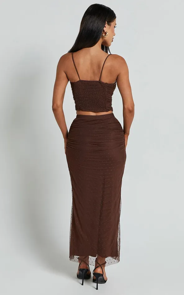 Showpo Layla Two Piece Set 8211 Ruched Crop Top And Midi Skirt Mesh Set In Chocolate Brown Women Two Piece Sets and Coords