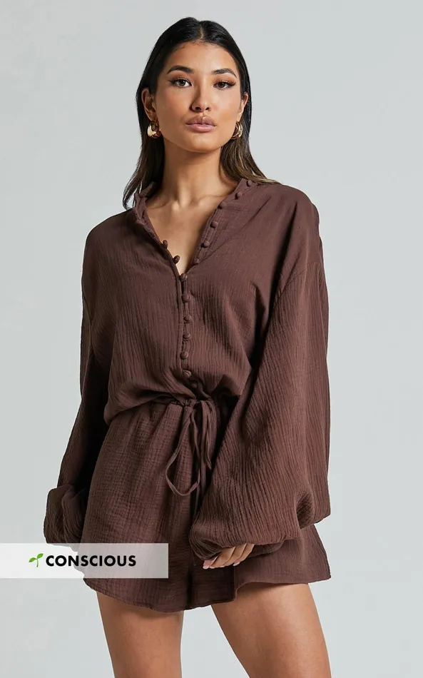 Showpo Laylani Playsuit 8211 V Neck Puff Sleeve In Chocolate Women Shop Conscious Showpo Laylani Playsuit 8211 V Neck Puff Sleeve In Chocolate Women Shop Conscious