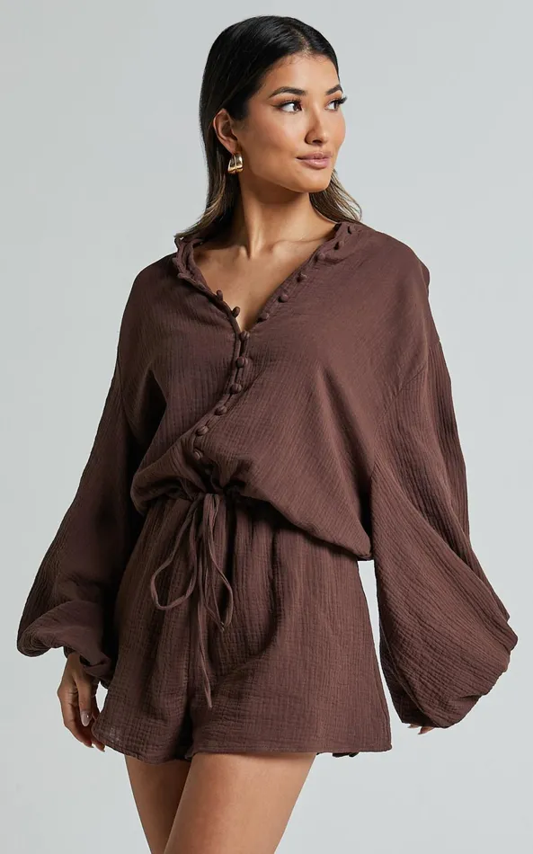 Showpo Laylani Playsuit 8211 V Neck Puff Sleeve In Chocolate Women Shop Conscious