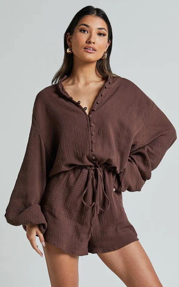 Showpo Laylani Playsuit 8211 V Neck Puff Sleeve In Chocolate Women Shop Conscious