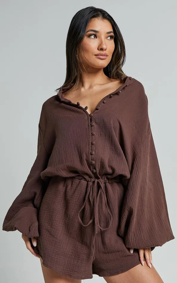Showpo Laylani Playsuit 8211 V Neck Puff Sleeve In Chocolate Women Shop Conscious