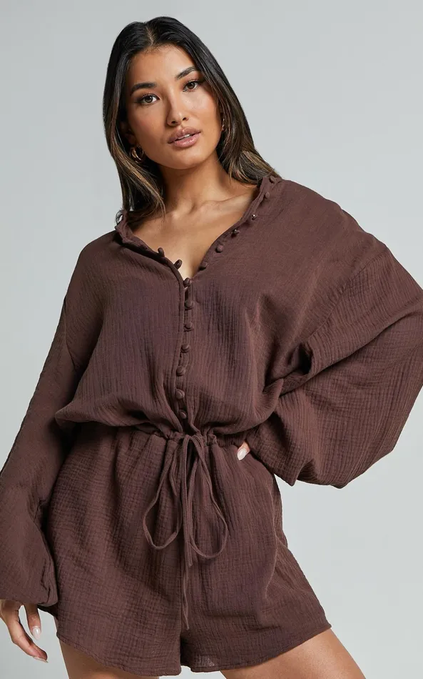 Showpo Laylani Playsuit 8211 V Neck Puff Sleeve In Chocolate Women Shop Conscious