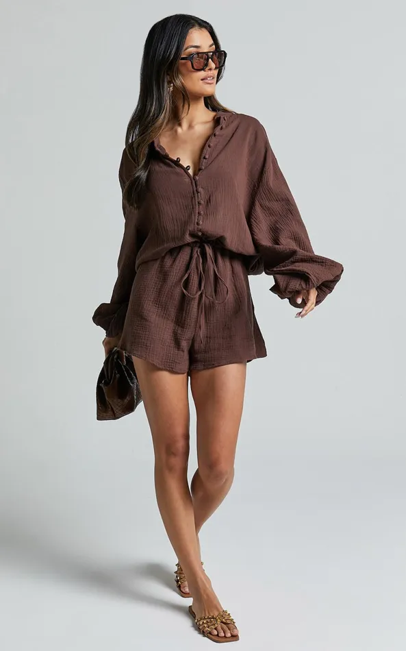 Showpo Laylani Playsuit 8211 V Neck Puff Sleeve In Chocolate Women Shop Conscious
