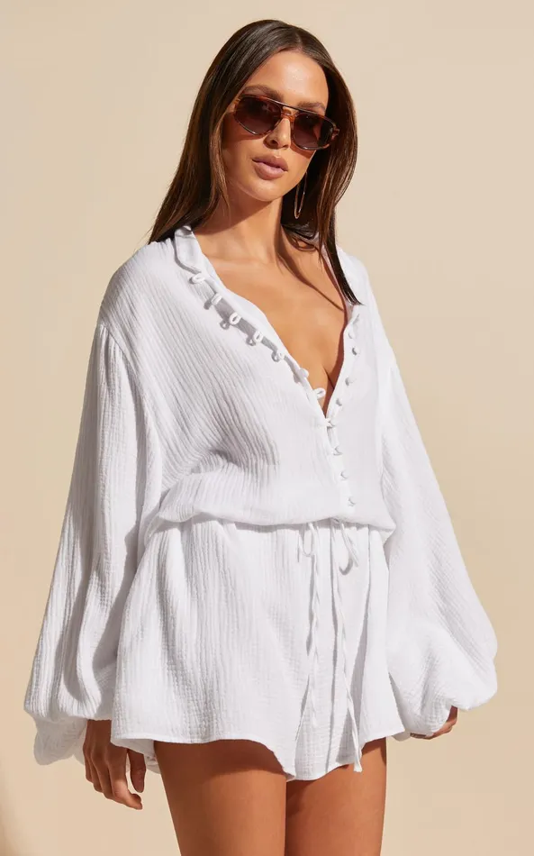 Showpo Laylani Playsuit 8211 V Neck Puff Sleeve In White Women Curve Clothes