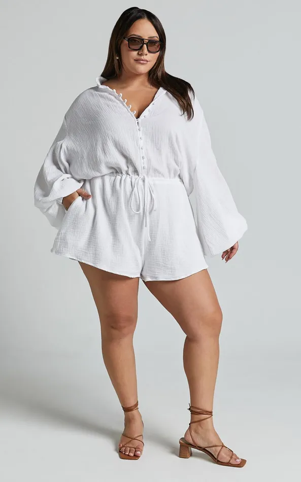 Showpo Laylani Playsuit 8211 V Neck Puff Sleeve In White Women Curve Clothes