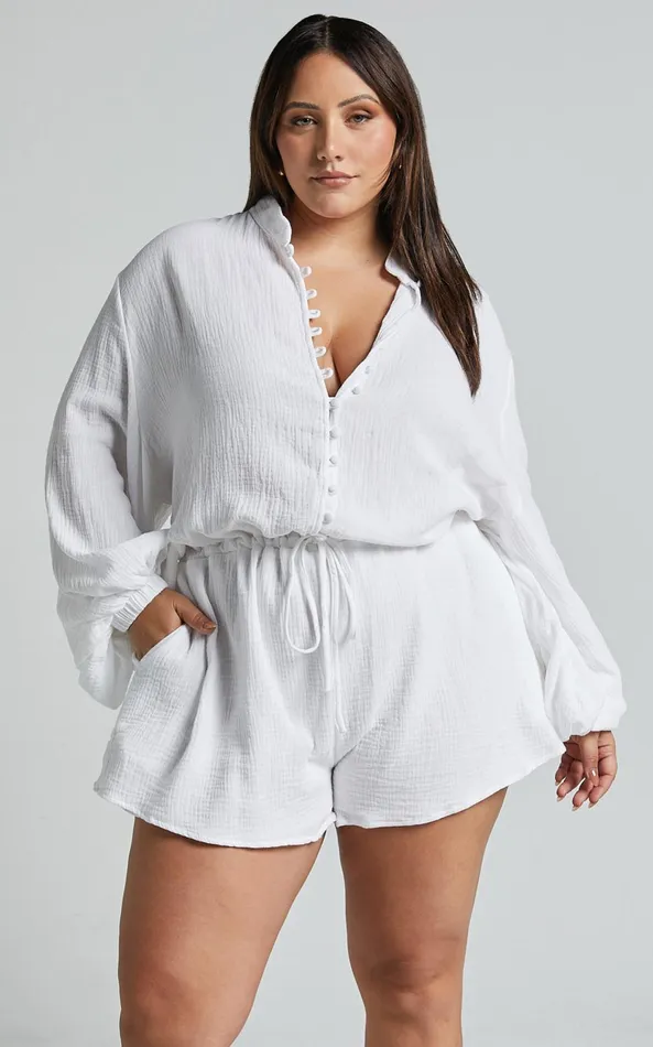 Showpo Laylani Playsuit 8211 V Neck Puff Sleeve In White Women Curve Clothes