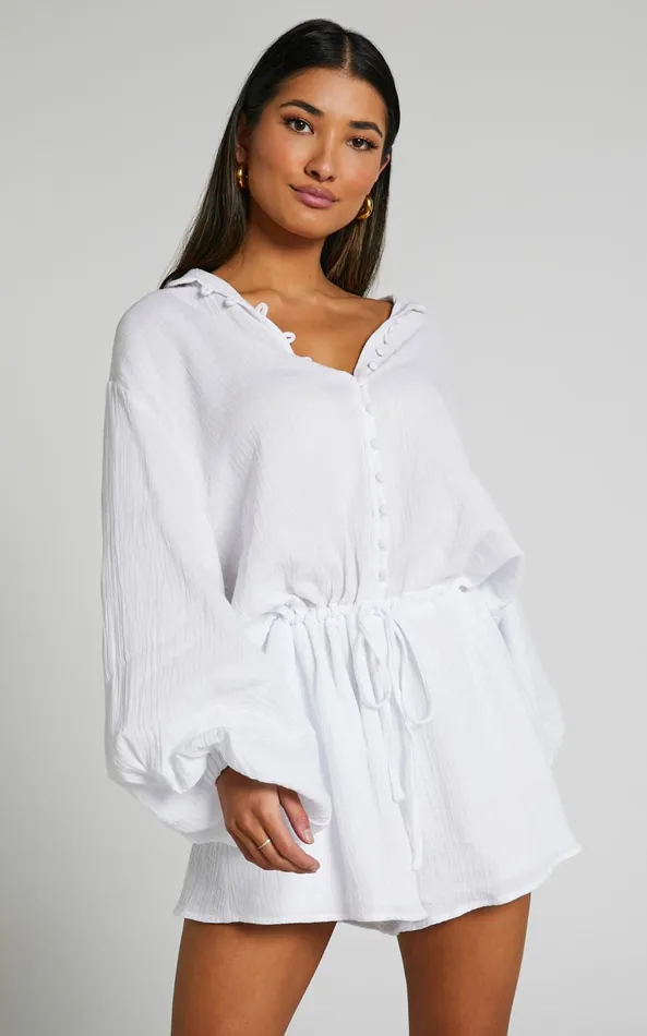 Showpo Laylani Playsuit 8211 V Neck Puff Sleeve In White Women Curve Clothes