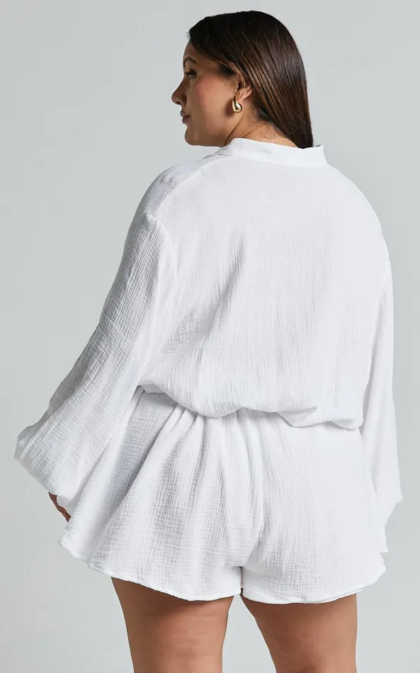 Showpo Laylani Playsuit 8211 V Neck Puff Sleeve In White Women Curve Clothes