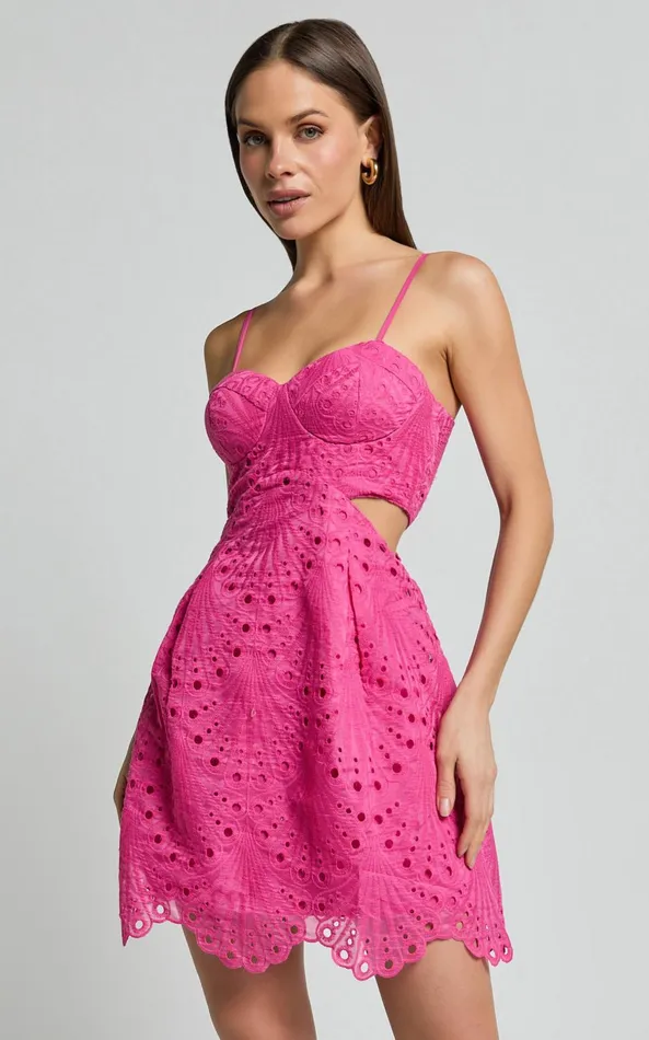 Showpo Layne Mini Dress 8211 Strappy Cut Out Embroidered Dress In Pink Women Dresses