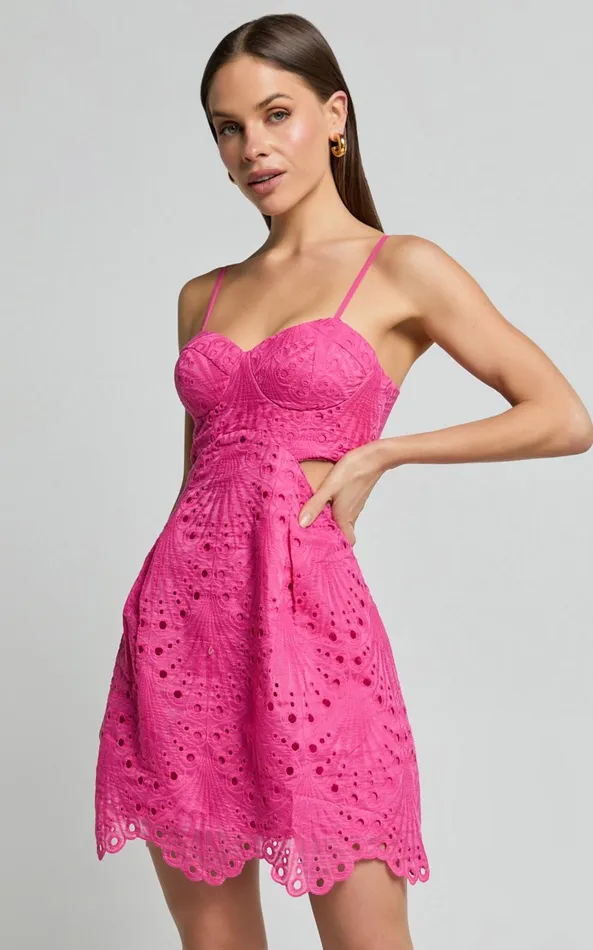 Showpo Layne Mini Dress 8211 Strappy Cut Out Embroidered Dress In Pink Women Dresses