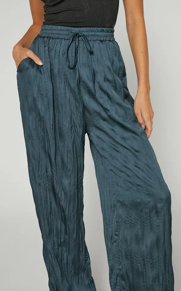Showpo Lazzy Pants 8211 Elasticated Waist Crinkle Pants In Petrol Women Pants