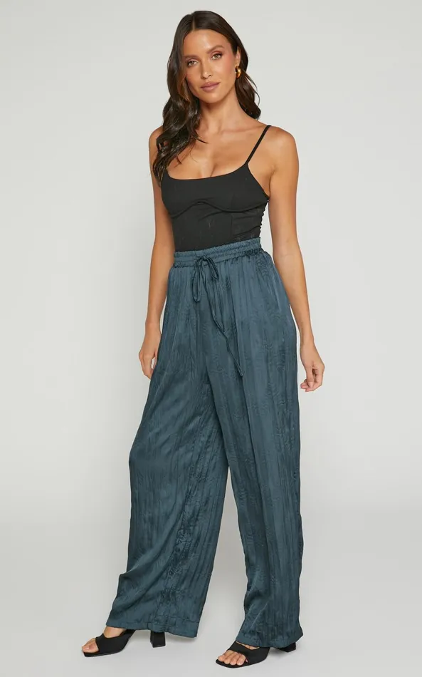 Showpo Lazzy Pants 8211 Elasticated Waist Crinkle Pants In Petrol Women Pants