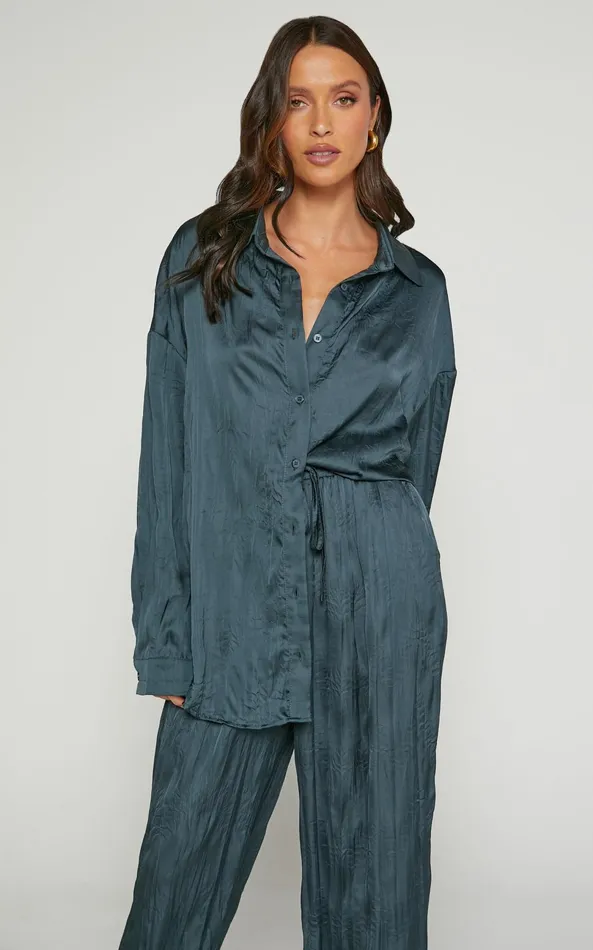 Showpo Lazzy Top 8211 Long Sleve Crinkle Shirt In Petrol Women Tops