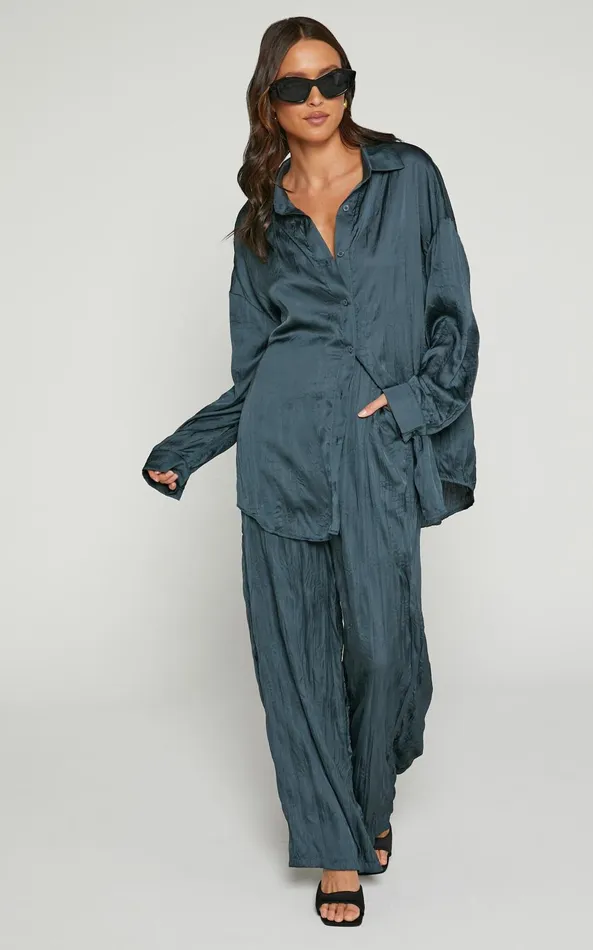Showpo Lazzy Top 8211 Long Sleve Crinkle Shirt In Petrol Women Tops