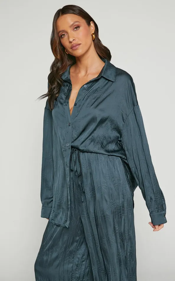 Showpo Lazzy Top 8211 Long Sleve Crinkle Shirt In Petrol Women Tops