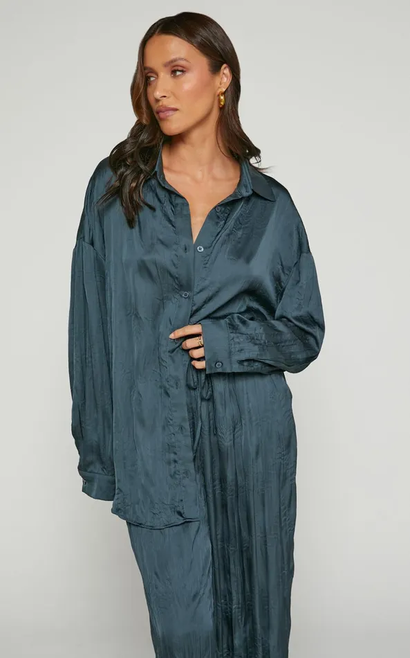 Showpo Lazzy Top 8211 Long Sleve Crinkle Shirt In Petrol Women Tops