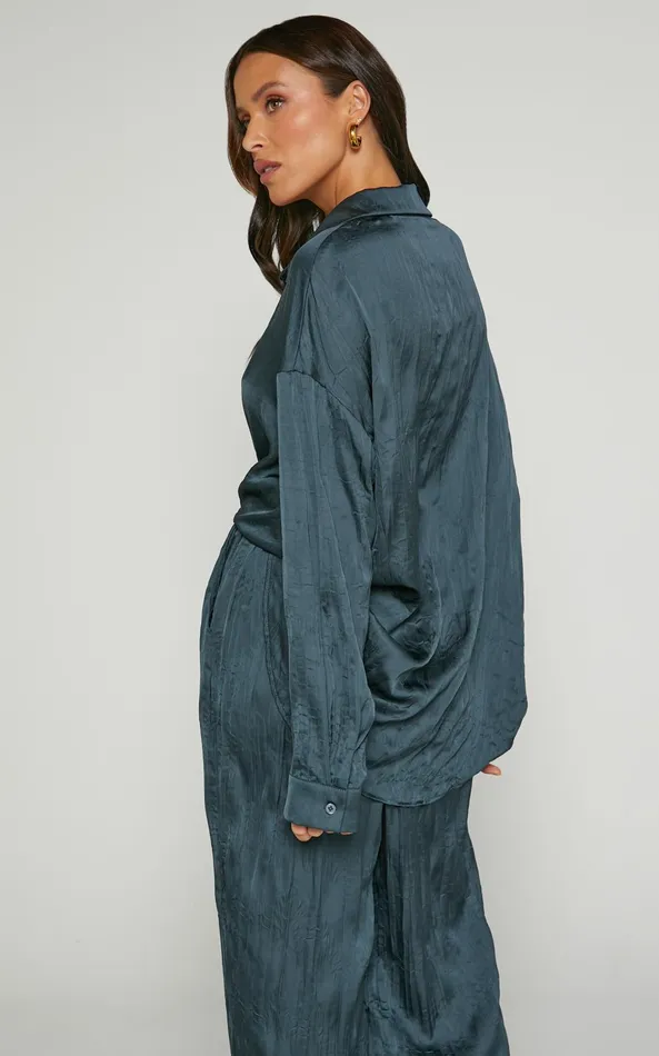 Showpo Lazzy Top 8211 Long Sleve Crinkle Shirt In Petrol Women Tops