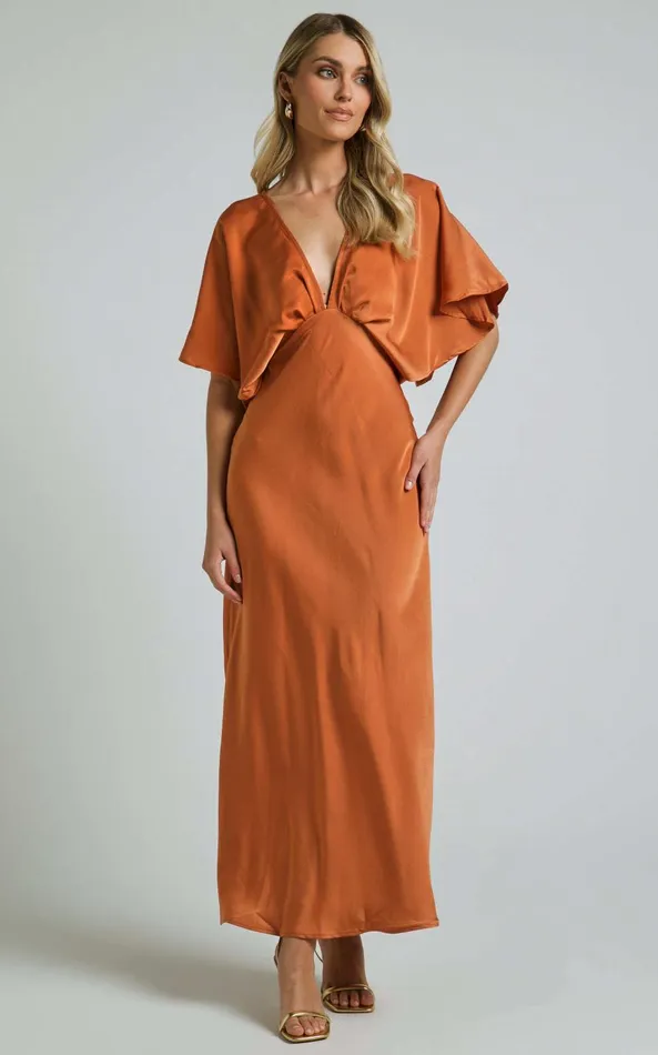 Showpo Lea Maxi Dress 8211 Plunge Short Flutter Sleeve In Rust Women Dresses