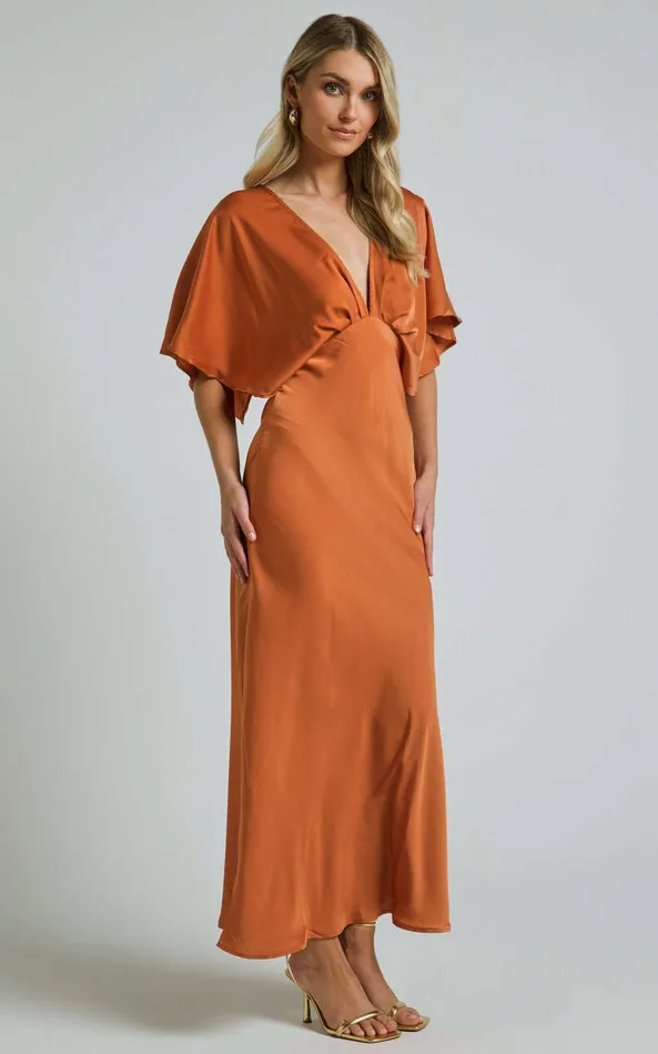 Showpo Lea Maxi Dress 8211 Plunge Short Flutter Sleeve In Rust Women Dresses