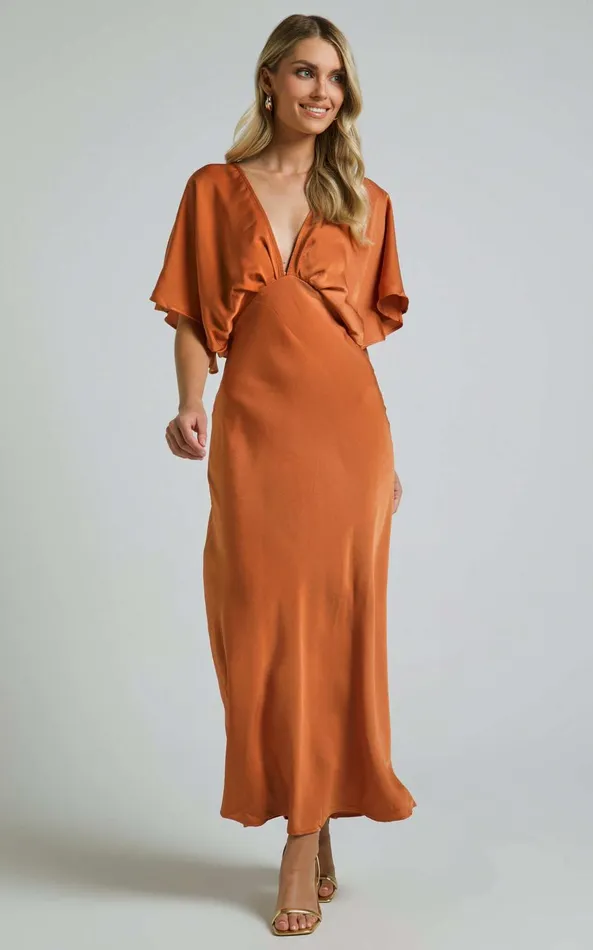 Showpo Lea Maxi Dress 8211 Plunge Short Flutter Sleeve In Rust Women Dresses