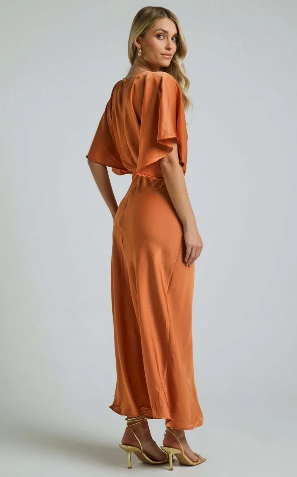 Showpo Lea Maxi Dress 8211 Plunge Short Flutter Sleeve In Rust Women Dresses