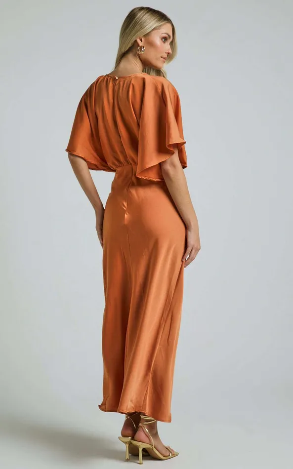 Showpo Lea Maxi Dress 8211 Plunge Short Flutter Sleeve In Rust Women Dresses